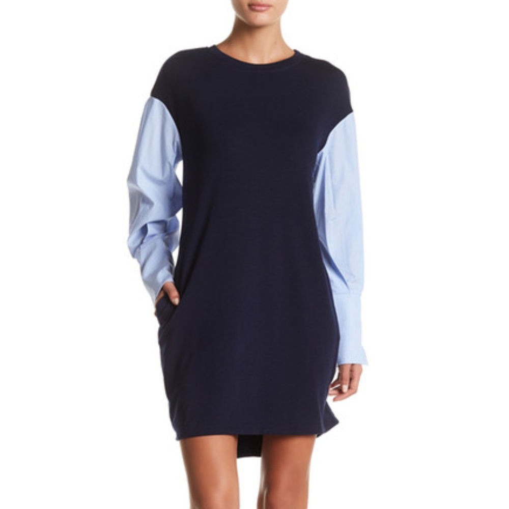 Poplin Sleeve Ponte Shift Dress Size 4 Blue Hi-Low